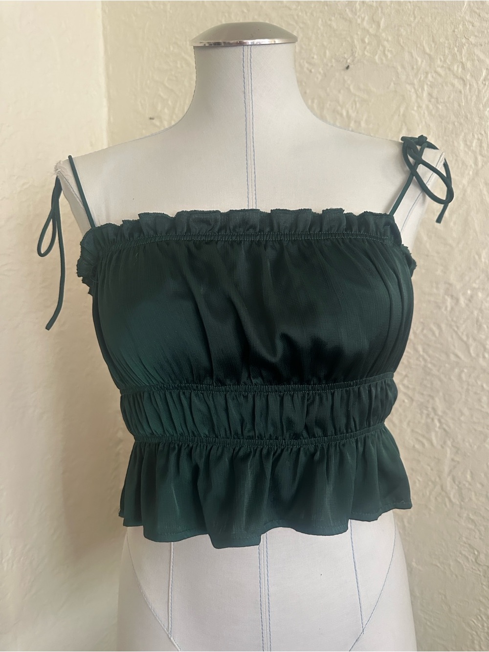 Princess Polly Irvetta Dark Green Tie Strap Ruffles Cropped Cami Top 2